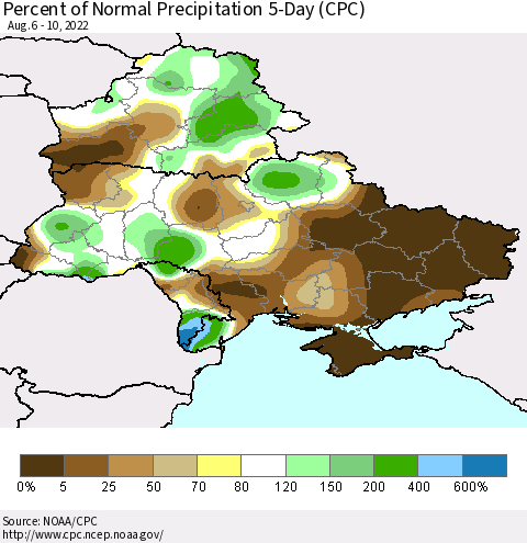 Ukraine, Moldova and Belarus Percent of Normal Precipitation 5-Day (CPC) Thematic Map For 8/6/2022 - 8/10/2022