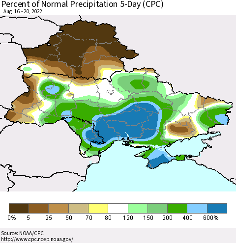 Ukraine, Moldova and Belarus Percent of Normal Precipitation 5-Day (CPC) Thematic Map For 8/16/2022 - 8/20/2022