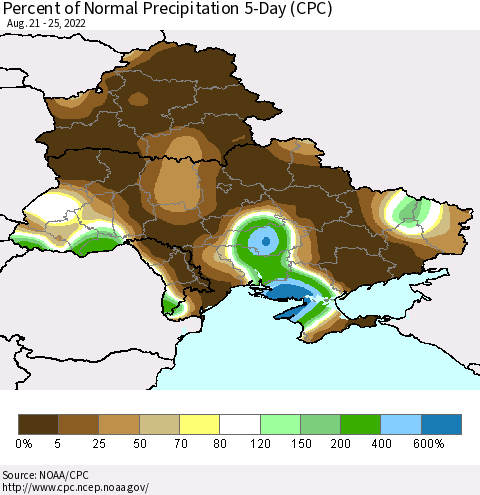Ukraine, Moldova and Belarus Percent of Normal Precipitation 5-Day (CPC) Thematic Map For 8/21/2022 - 8/25/2022