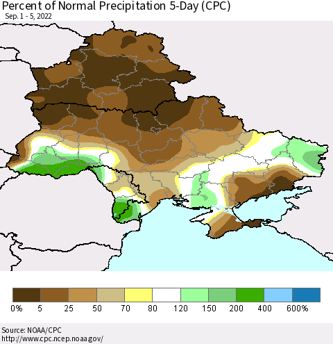 Ukraine, Moldova and Belarus Percent of Normal Precipitation 5-Day (CPC) Thematic Map For 9/1/2022 - 9/5/2022