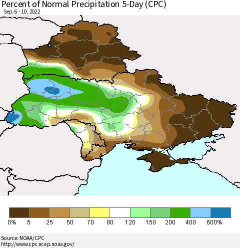 Ukraine, Moldova and Belarus Percent of Normal Precipitation 5-Day (CPC) Thematic Map For 9/6/2022 - 9/10/2022