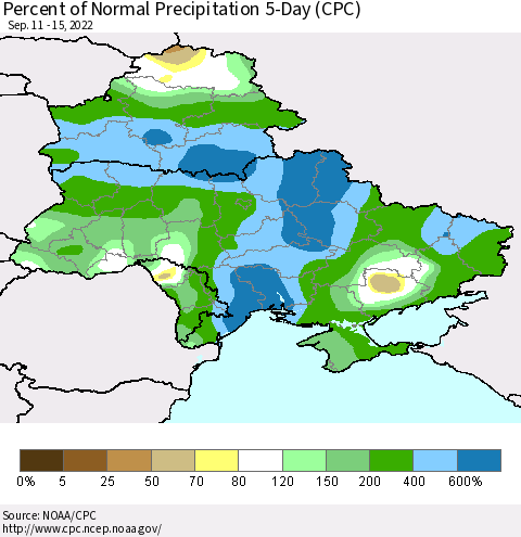 Ukraine, Moldova and Belarus Percent of Normal Precipitation 5-Day (CPC) Thematic Map For 9/11/2022 - 9/15/2022