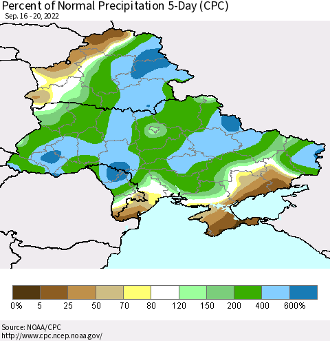 Ukraine, Moldova and Belarus Percent of Normal Precipitation 5-Day (CPC) Thematic Map For 9/16/2022 - 9/20/2022
