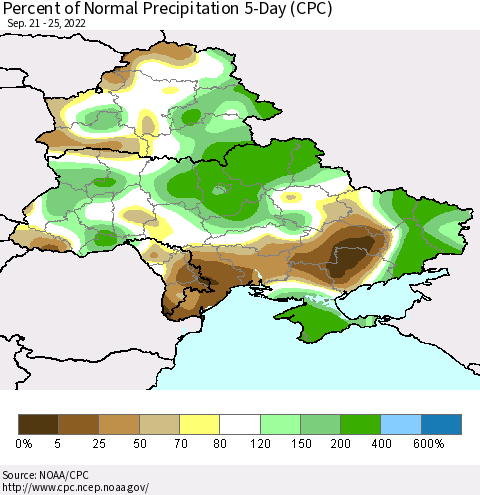 Ukraine, Moldova and Belarus Percent of Normal Precipitation 5-Day (CPC) Thematic Map For 9/21/2022 - 9/25/2022