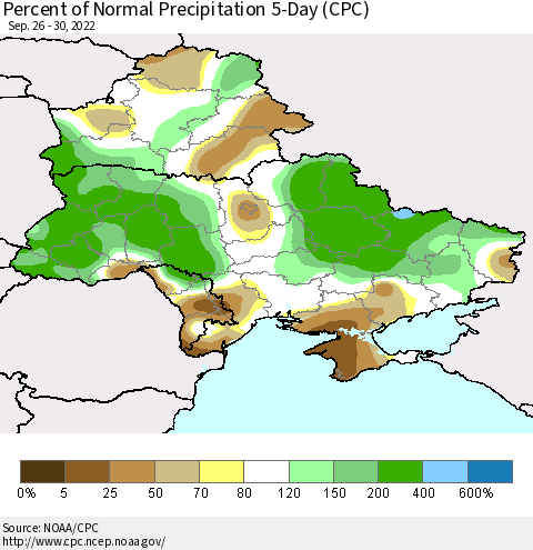 Ukraine, Moldova and Belarus Percent of Normal Precipitation 5-Day (CPC) Thematic Map For 9/26/2022 - 9/30/2022