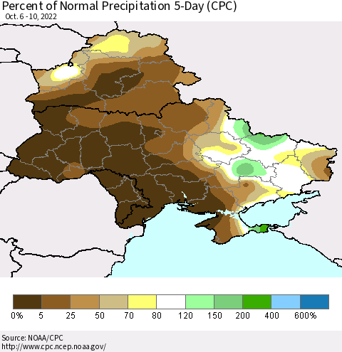 Ukraine, Moldova and Belarus Percent of Normal Precipitation 5-Day (CPC) Thematic Map For 10/6/2022 - 10/10/2022