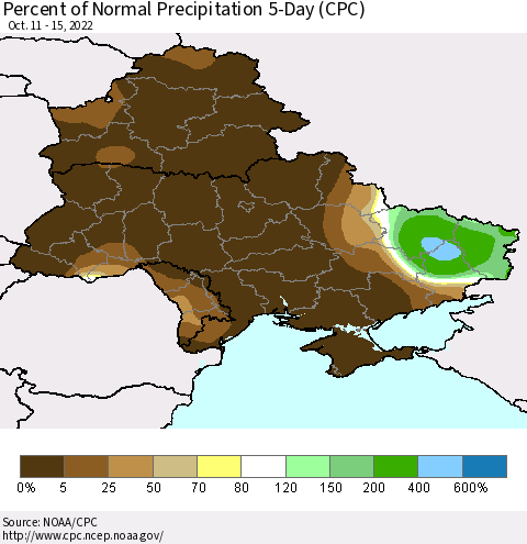 Ukraine, Moldova and Belarus Percent of Normal Precipitation 5-Day (CPC) Thematic Map For 10/11/2022 - 10/15/2022