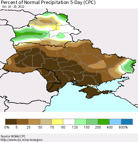 Ukraine, Moldova and Belarus Percent of Normal Precipitation 5-Day (CPC) Thematic Map For 10/16/2022 - 10/20/2022