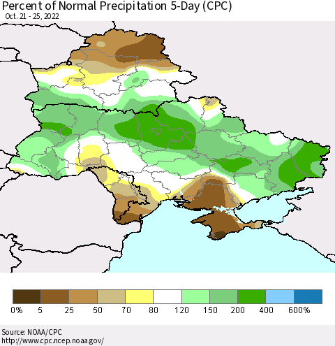 Ukraine, Moldova and Belarus Percent of Normal Precipitation 5-Day (CPC) Thematic Map For 10/21/2022 - 10/25/2022