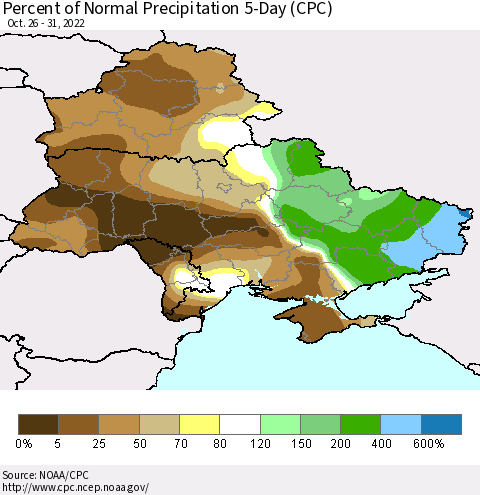 Ukraine, Moldova and Belarus Percent of Normal Precipitation 5-Day (CPC) Thematic Map For 10/26/2022 - 10/31/2022