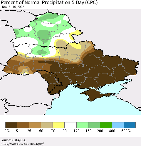 Ukraine, Moldova and Belarus Percent of Normal Precipitation 5-Day (CPC) Thematic Map For 11/6/2022 - 11/10/2022