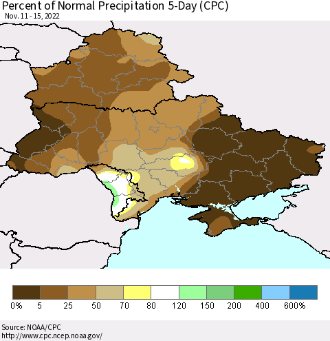 Ukraine, Moldova and Belarus Percent of Normal Precipitation 5-Day (CPC) Thematic Map For 11/11/2022 - 11/15/2022