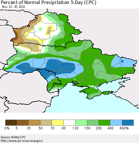 Ukraine, Moldova and Belarus Percent of Normal Precipitation 5-Day (CPC) Thematic Map For 11/16/2022 - 11/20/2022