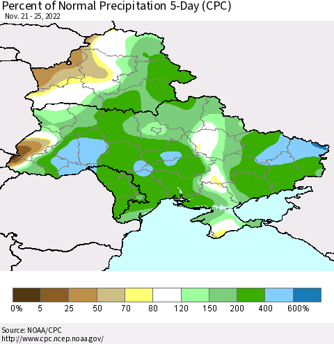 Ukraine, Moldova and Belarus Percent of Normal Precipitation 5-Day (CPC) Thematic Map For 11/21/2022 - 11/25/2022