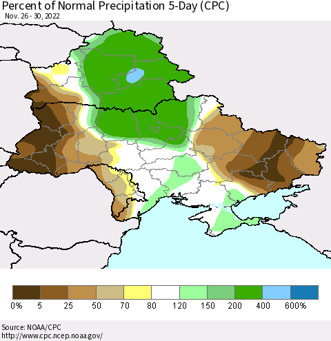 Ukraine, Moldova and Belarus Percent of Normal Precipitation 5-Day (CPC) Thematic Map For 11/26/2022 - 11/30/2022