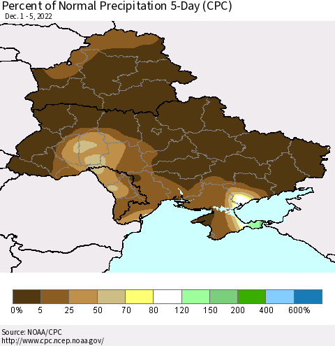 Ukraine, Moldova and Belarus Percent of Normal Precipitation 5-Day (CPC) Thematic Map For 12/1/2022 - 12/5/2022