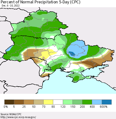 Ukraine, Moldova and Belarus Percent of Normal Precipitation 5-Day (CPC) Thematic Map For 12/6/2022 - 12/10/2022