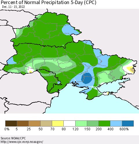 Ukraine, Moldova and Belarus Percent of Normal Precipitation 5-Day (CPC) Thematic Map For 12/11/2022 - 12/15/2022