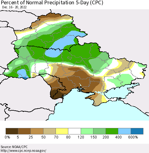 Ukraine, Moldova and Belarus Percent of Normal Precipitation 5-Day (CPC) Thematic Map For 12/16/2022 - 12/20/2022
