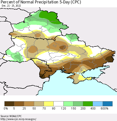 Ukraine, Moldova and Belarus Percent of Normal Precipitation 5-Day (CPC) Thematic Map For 12/21/2022 - 12/25/2022