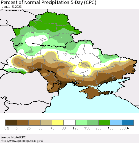 Ukraine, Moldova and Belarus Percent of Normal Precipitation 5-Day (CPC) Thematic Map For 1/1/2023 - 1/5/2023