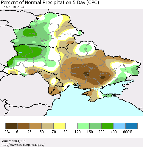 Ukraine, Moldova and Belarus Percent of Normal Precipitation 5-Day (CPC) Thematic Map For 1/6/2023 - 1/10/2023