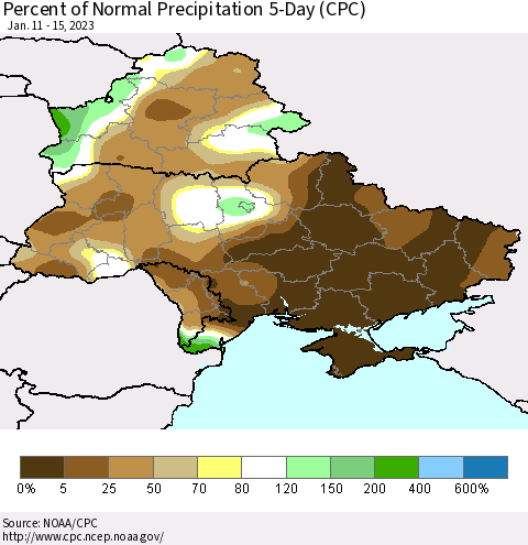Ukraine, Moldova and Belarus Percent of Normal Precipitation 5-Day (CPC) Thematic Map For 1/11/2023 - 1/15/2023