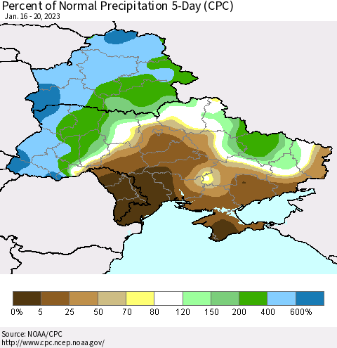 Ukraine, Moldova and Belarus Percent of Normal Precipitation 5-Day (CPC) Thematic Map For 1/16/2023 - 1/20/2023
