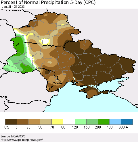 Ukraine, Moldova and Belarus Percent of Normal Precipitation 5-Day (CPC) Thematic Map For 1/21/2023 - 1/25/2023
