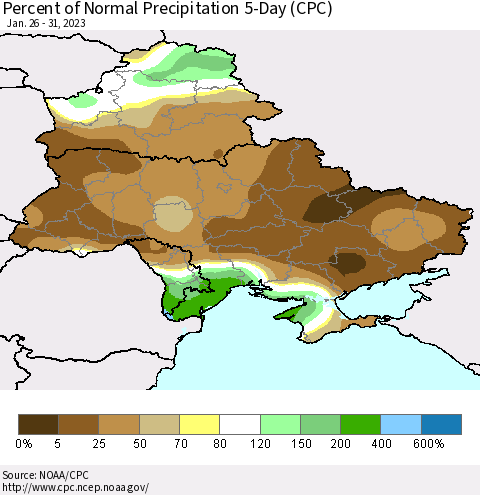 Ukraine, Moldova and Belarus Percent of Normal Precipitation 5-Day (CPC) Thematic Map For 1/26/2023 - 1/31/2023