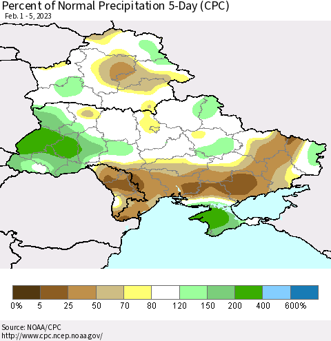 Ukraine, Moldova and Belarus Percent of Normal Precipitation 5-Day (CPC) Thematic Map For 2/1/2023 - 2/5/2023