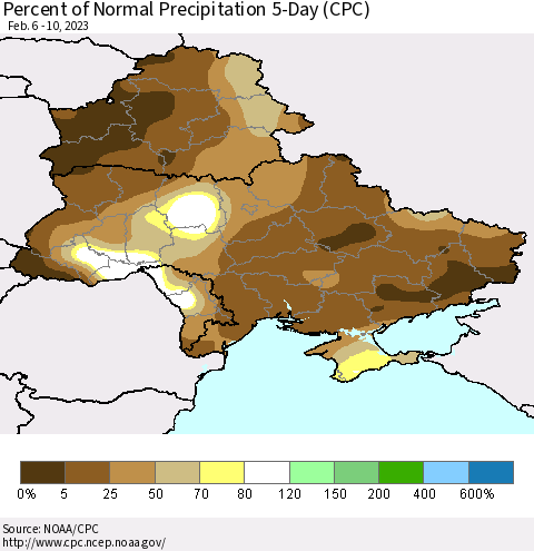Ukraine, Moldova and Belarus Percent of Normal Precipitation 5-Day (CPC) Thematic Map For 2/6/2023 - 2/10/2023