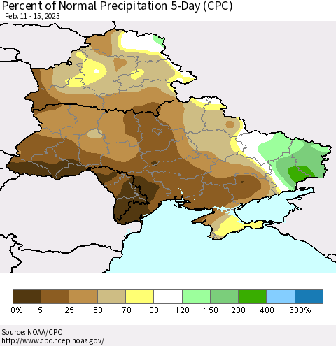 Ukraine, Moldova and Belarus Percent of Normal Precipitation 5-Day (CPC) Thematic Map For 2/11/2023 - 2/15/2023