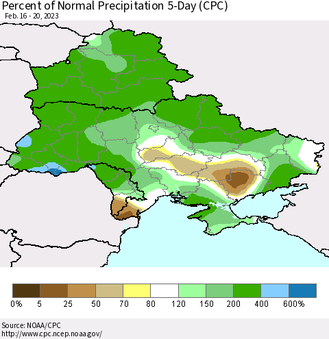 Ukraine, Moldova and Belarus Percent of Normal Precipitation 5-Day (CPC) Thematic Map For 2/16/2023 - 2/20/2023