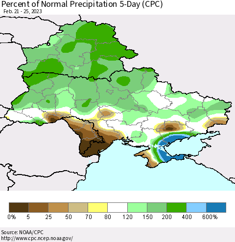 Ukraine, Moldova and Belarus Percent of Normal Precipitation 5-Day (CPC) Thematic Map For 2/21/2023 - 2/25/2023