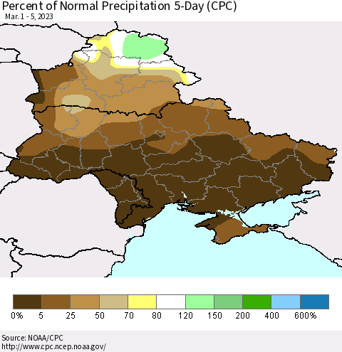 Ukraine, Moldova and Belarus Percent of Normal Precipitation 5-Day (CPC) Thematic Map For 3/1/2023 - 3/5/2023