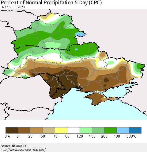 Ukraine, Moldova and Belarus Percent of Normal Precipitation 5-Day (CPC) Thematic Map For 3/6/2023 - 3/10/2023