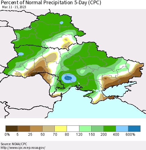 Ukraine, Moldova and Belarus Percent of Normal Precipitation 5-Day (CPC) Thematic Map For 3/11/2023 - 3/15/2023