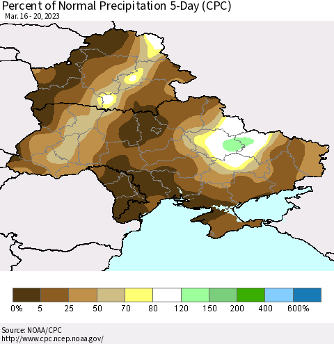 Ukraine, Moldova and Belarus Percent of Normal Precipitation 5-Day (CPC) Thematic Map For 3/16/2023 - 3/20/2023
