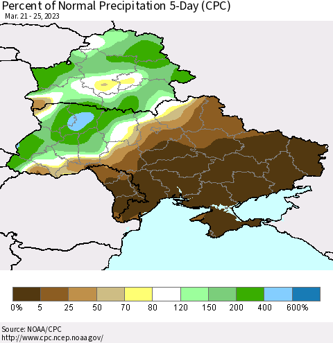 Ukraine, Moldova and Belarus Percent of Normal Precipitation 5-Day (CPC) Thematic Map For 3/21/2023 - 3/25/2023