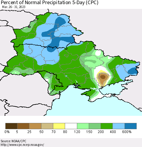 Ukraine, Moldova and Belarus Percent of Normal Precipitation 5-Day (CPC) Thematic Map For 3/26/2023 - 3/31/2023
