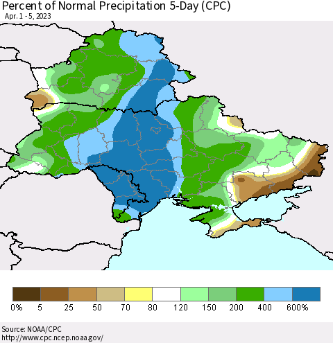 Ukraine, Moldova and Belarus Percent of Normal Precipitation 5-Day (CPC) Thematic Map For 4/1/2023 - 4/5/2023