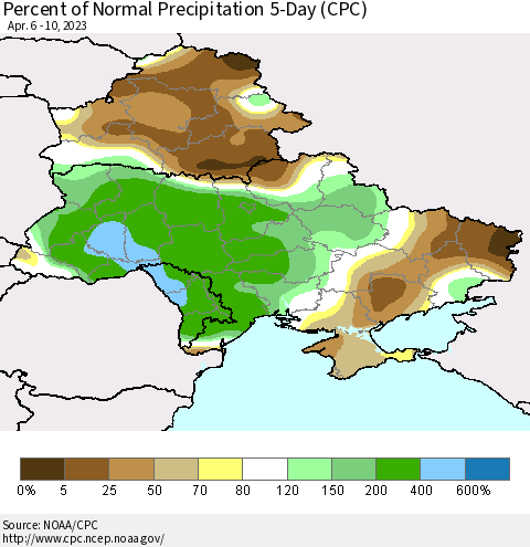 Ukraine, Moldova and Belarus Percent of Normal Precipitation 5-Day (CPC) Thematic Map For 4/6/2023 - 4/10/2023