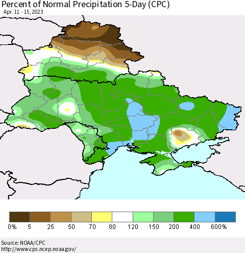 Ukraine, Moldova and Belarus Percent of Normal Precipitation 5-Day (CPC) Thematic Map For 4/11/2023 - 4/15/2023