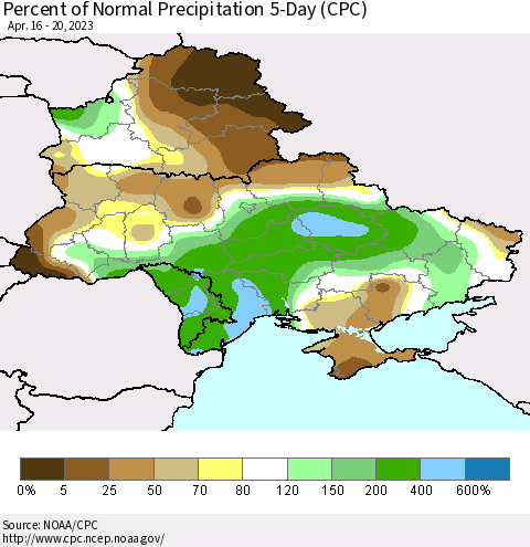 Ukraine, Moldova and Belarus Percent of Normal Precipitation 5-Day (CPC) Thematic Map For 4/16/2023 - 4/20/2023
