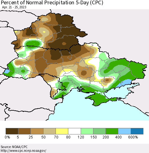 Ukraine, Moldova and Belarus Percent of Normal Precipitation 5-Day (CPC) Thematic Map For 4/21/2023 - 4/25/2023