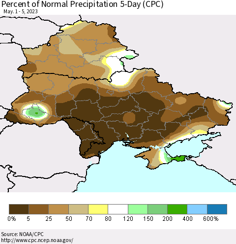 Ukraine, Moldova and Belarus Percent of Normal Precipitation 5-Day (CPC) Thematic Map For 5/1/2023 - 5/5/2023