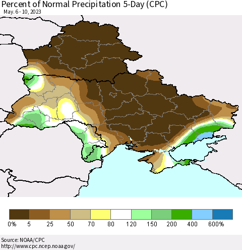 Ukraine, Moldova and Belarus Percent of Normal Precipitation 5-Day (CPC) Thematic Map For 5/6/2023 - 5/10/2023