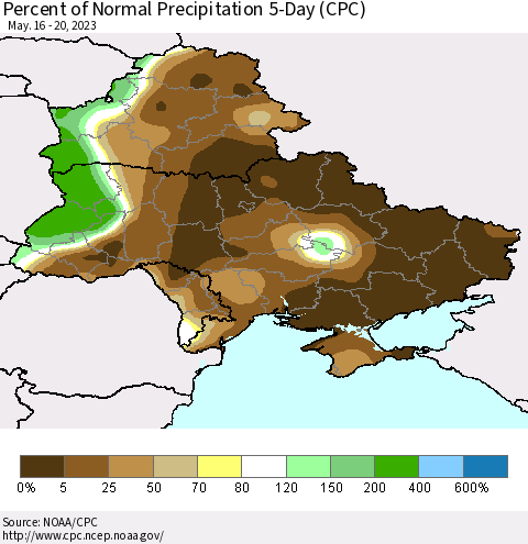 Ukraine, Moldova and Belarus Percent of Normal Precipitation 5-Day (CPC) Thematic Map For 5/16/2023 - 5/20/2023
