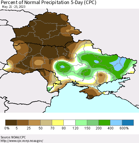 Ukraine, Moldova and Belarus Percent of Normal Precipitation 5-Day (CPC) Thematic Map For 5/21/2023 - 5/25/2023